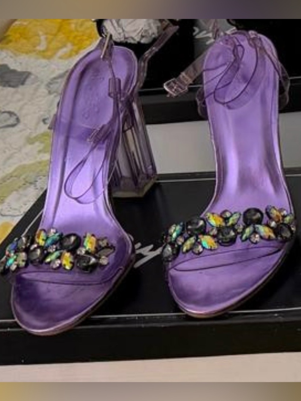 Multiples Purple Gem-Embellished Clear Block Heel Sandals